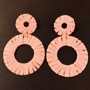 Pink Raffia Wrapped Circle Drop Earrings